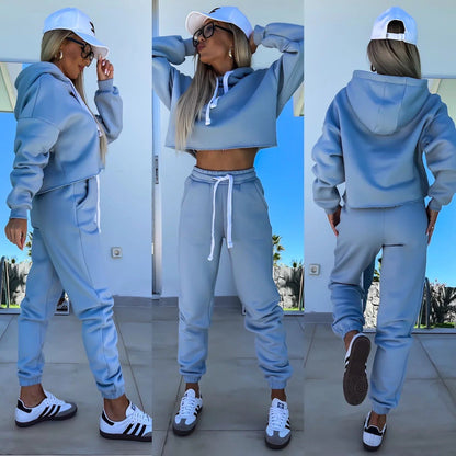 Damen Jogging-Set Cropped Hoodie und Hosen Norvielle Bequem