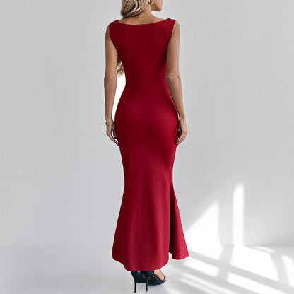 Damen Maxikleid Figurbetont U-Ausschnitt Elegantes Design