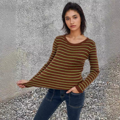Damen Rippenpullover Gestreift Verlängerte Ärmel Norvielle