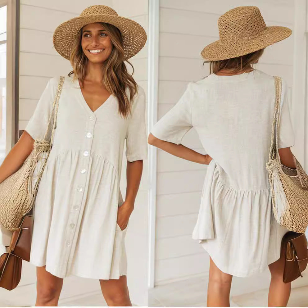Damen Sommerkleid mit Knöpfen und Volumenrock