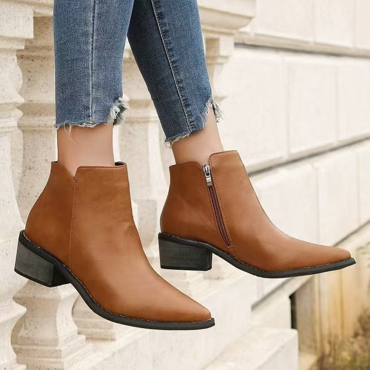 Norvielle Damen Stiefeletten Kunstleder Spitz Niedriger Blockabsatz