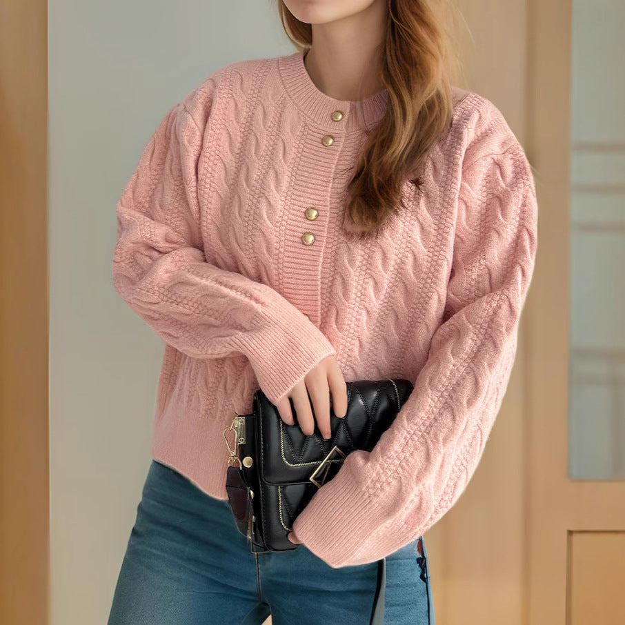 Damen Strickjacke Zopfmuster Perlenknöpfe Beige