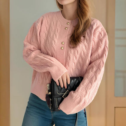 Damen Strickjacke Zopfmuster Perlenknöpfe Beige