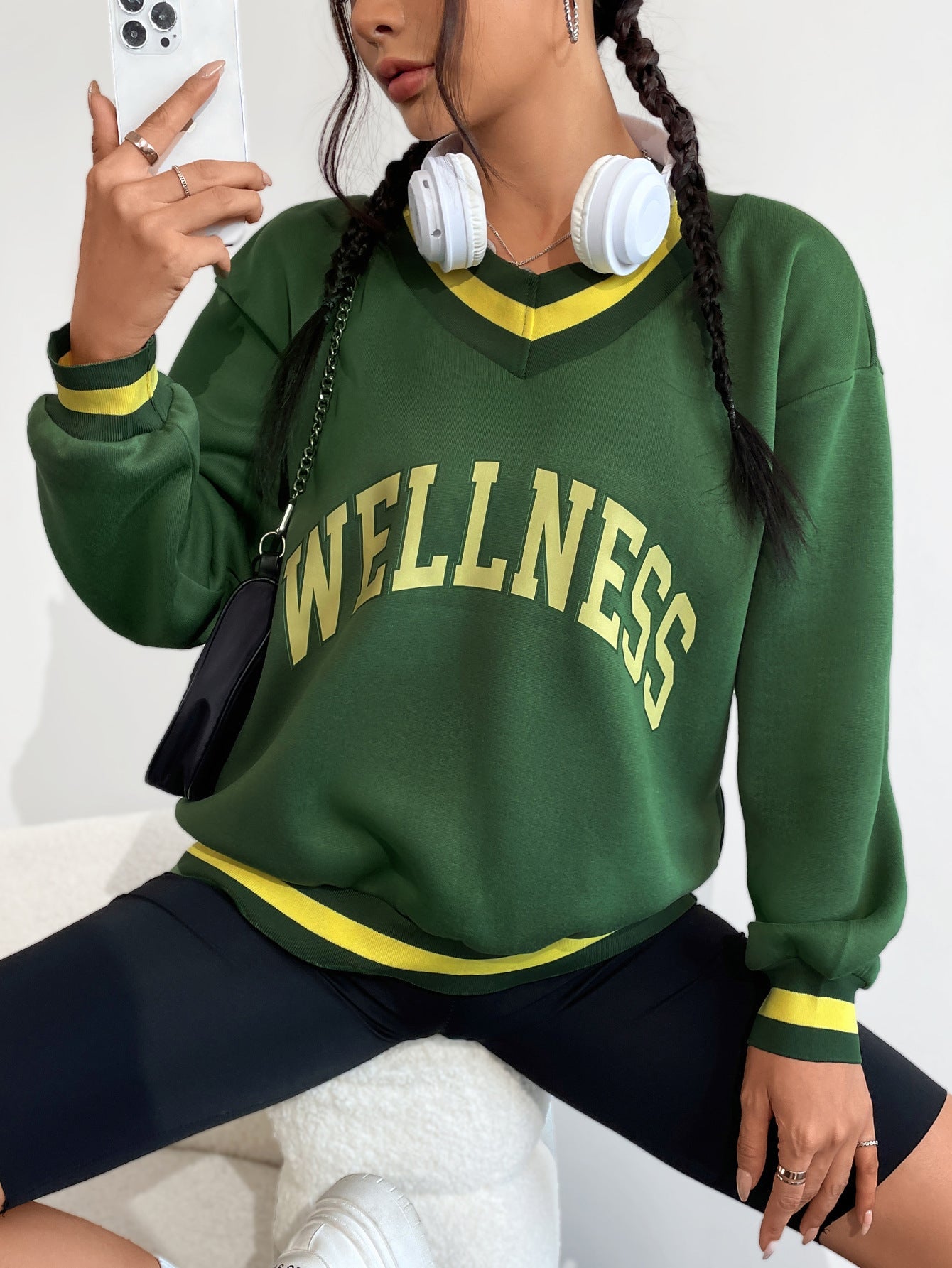 Damen Sweatshirt V-Ausschnitt Kreativdruck Grau