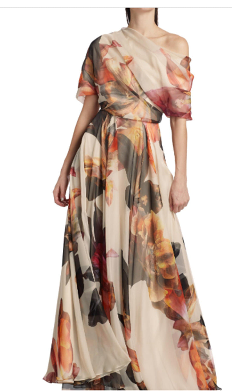 Damen Chiffon-Kleid Schulterfrei Floralmuster Norvielle