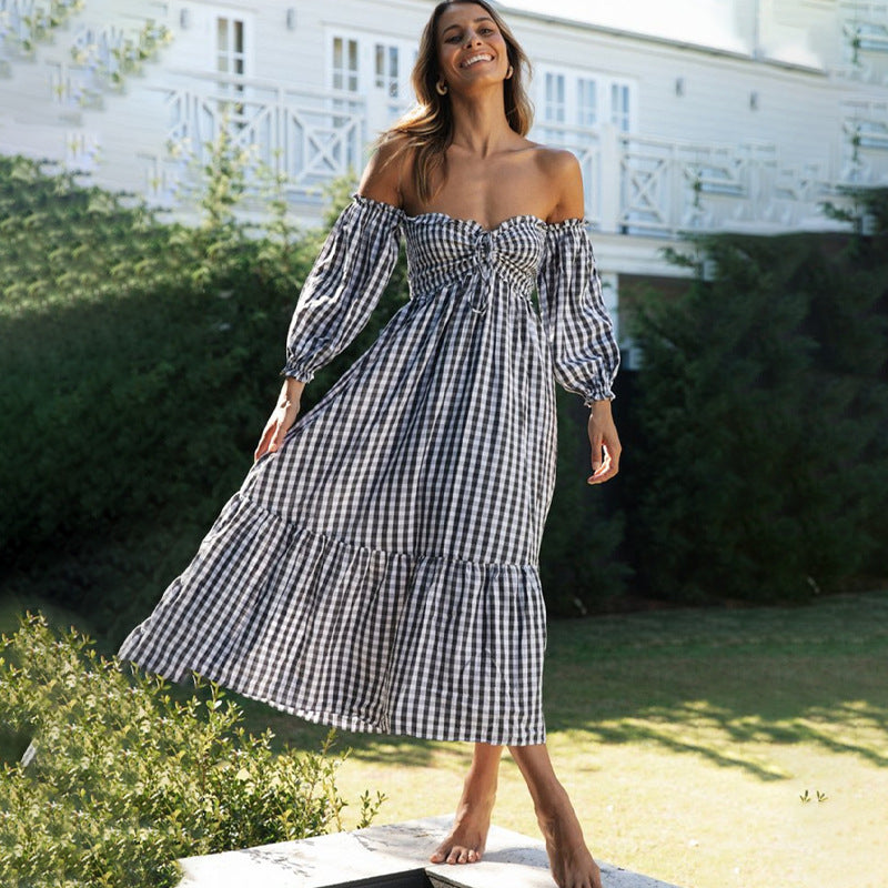 Damen Midi-Kleid Puffärmel Karomuster