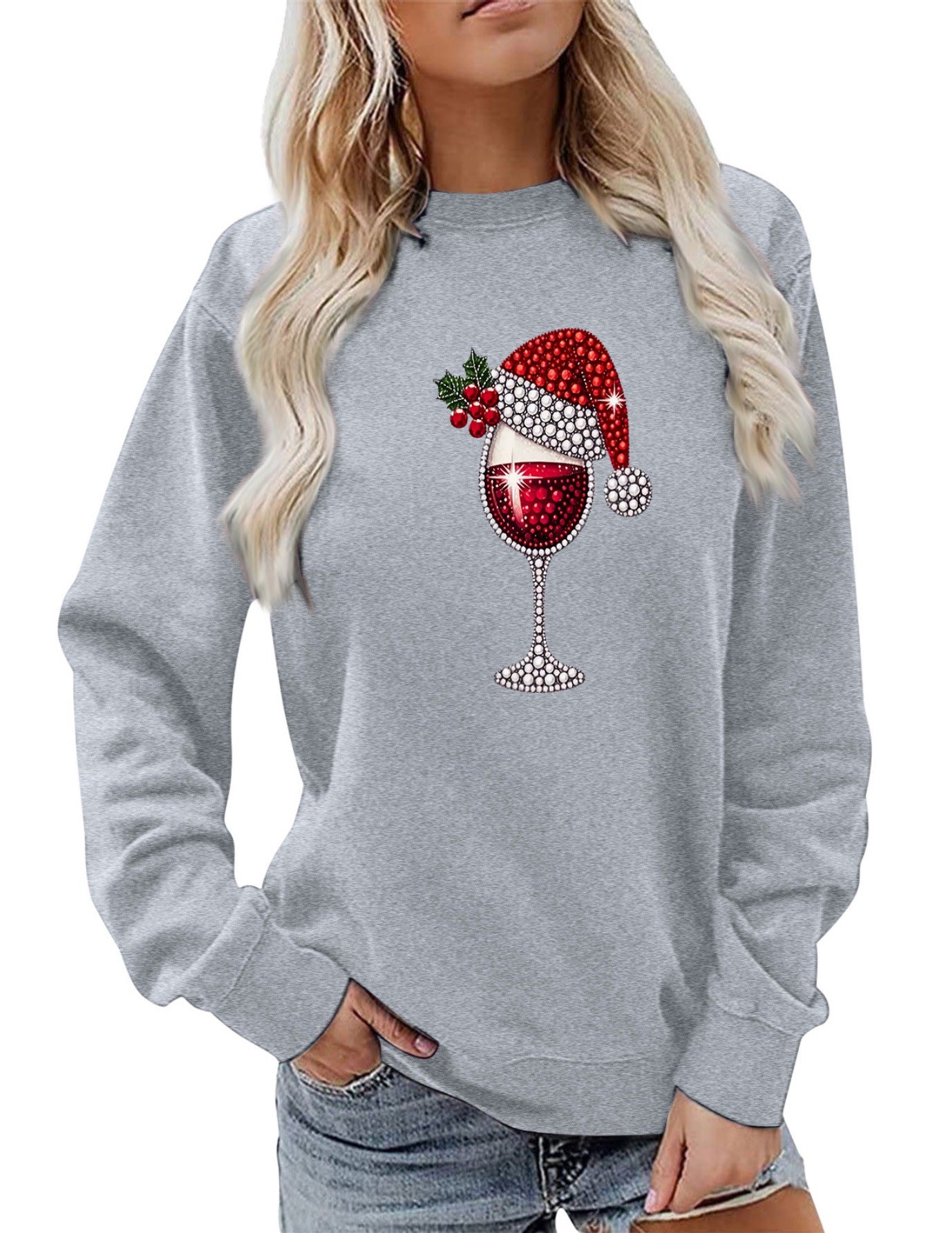 Damen Sweatshirt Weich Innenfutter Weinmotiv Norvielle