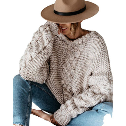 Damen Grobstrickpullover Voluminöse Ärmel Zopfdesign Norvielle