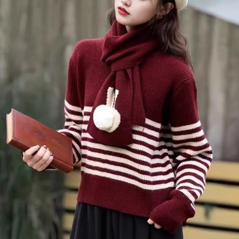 Damen Strickpullover Mit Hohem Kragen Auffällige Streifen Norvielle - Norvielle