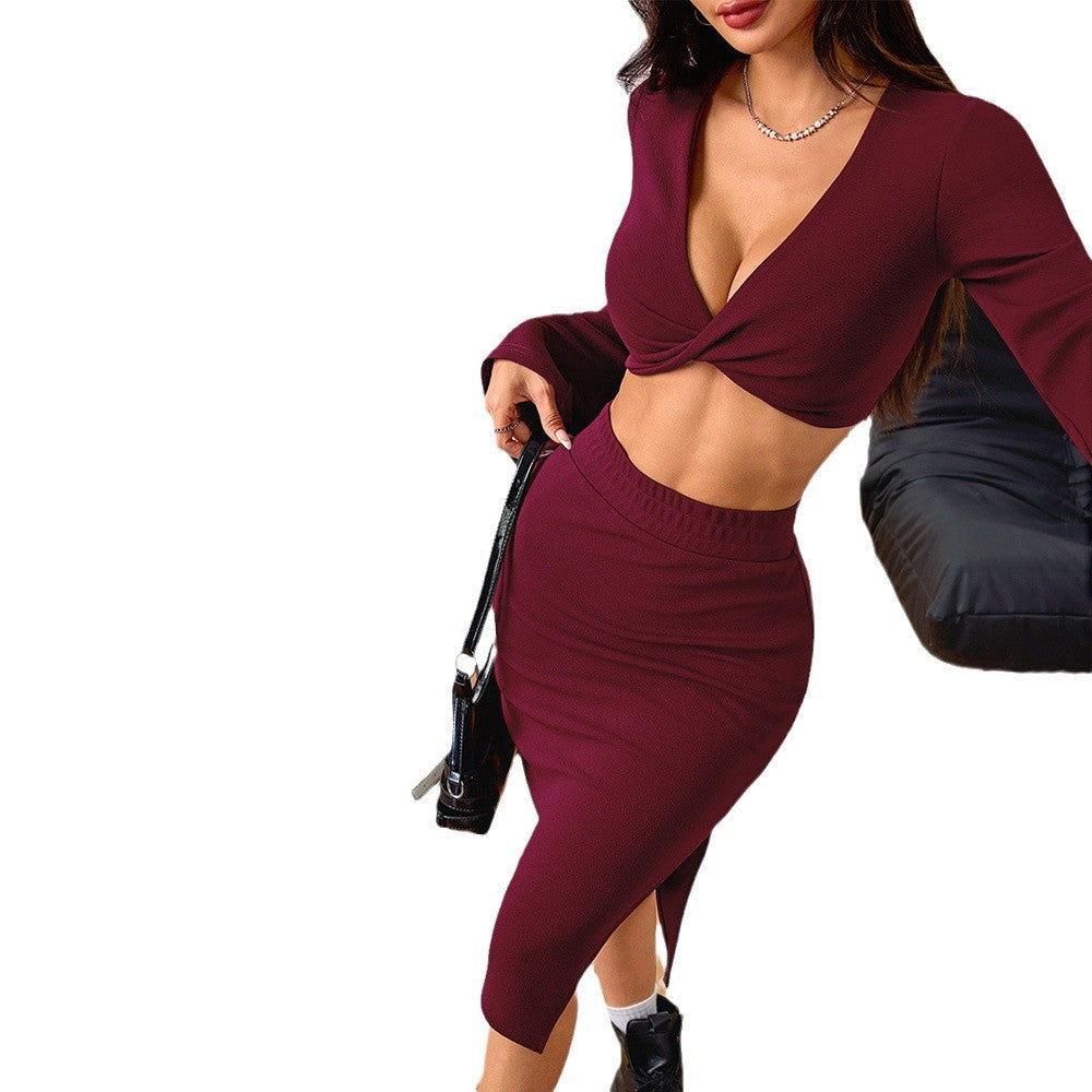 Damen Set Leichtes Crop-Oberteil Figurbetonter Midi-Rock