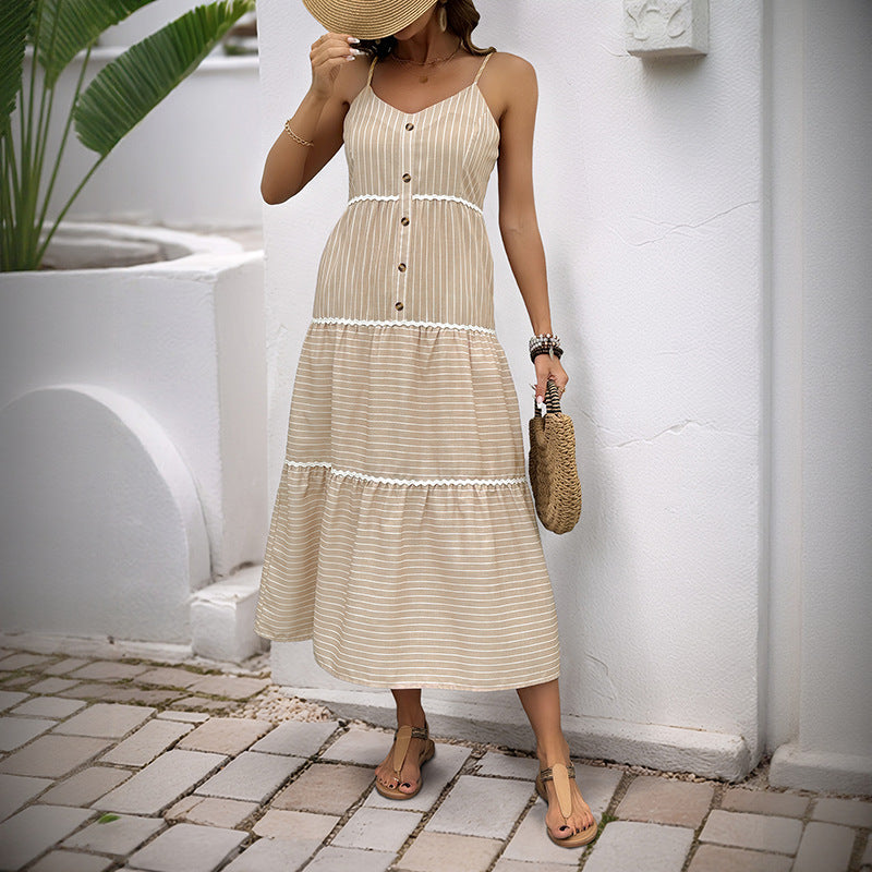 Damen Maxikleid Sommer Streifen Knopfleiste Norvielle