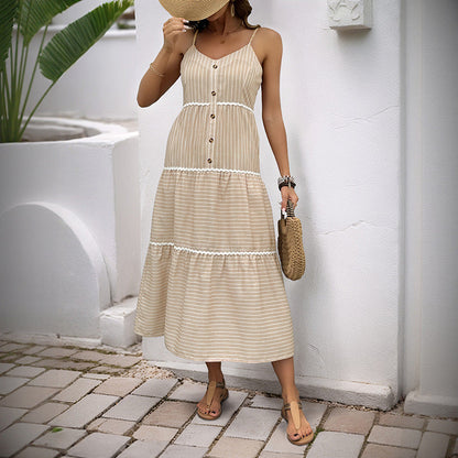 Damen Maxikleid Sommer Streifen Knopfleiste Norvielle