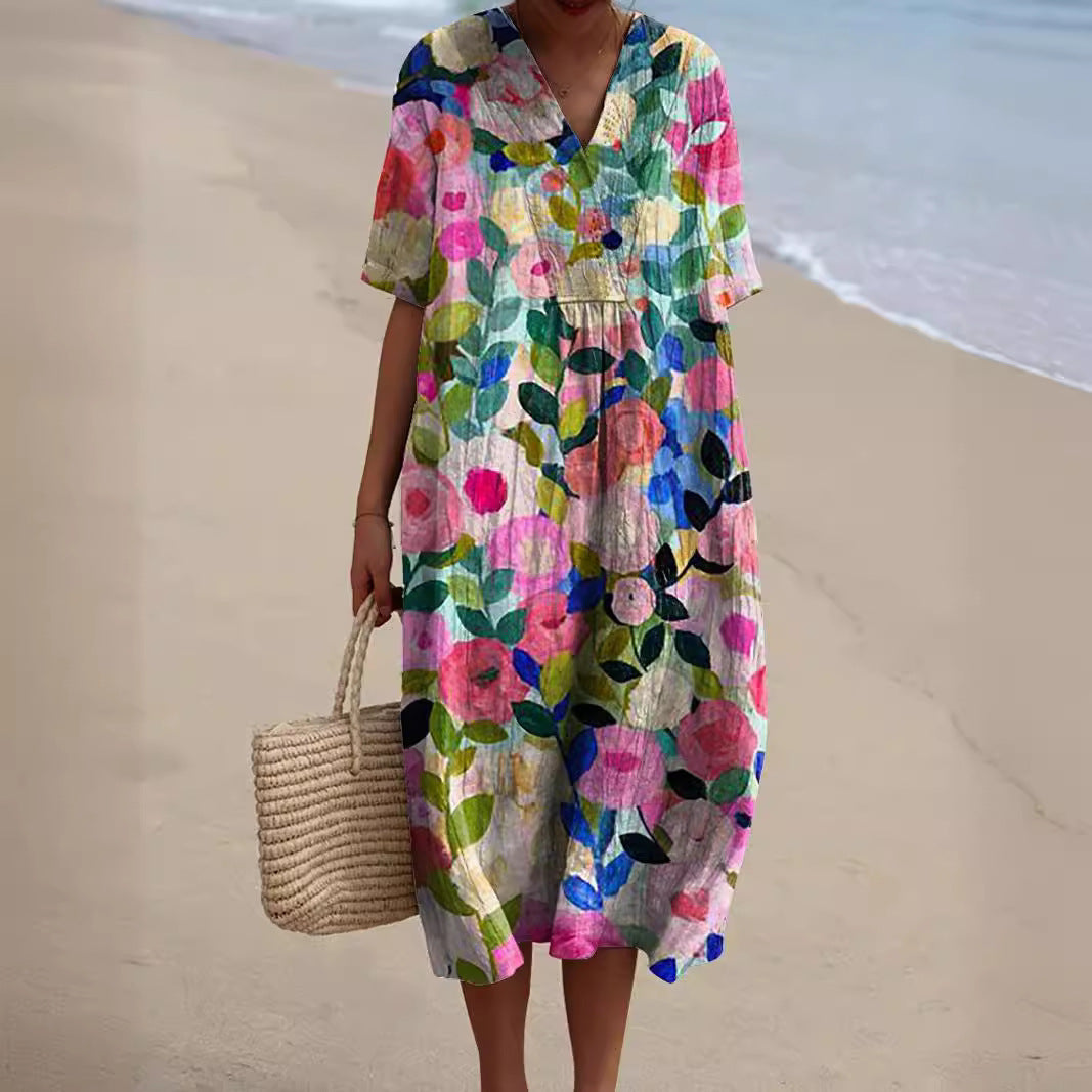Damen Sommerkleid Bunt Blumen Baumwolle Kleid - Norvielle