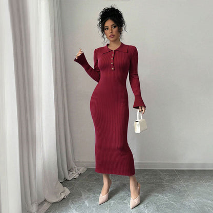 Damen Maxikleid Figurbetont Polokragen Knopfleiste Norvielle