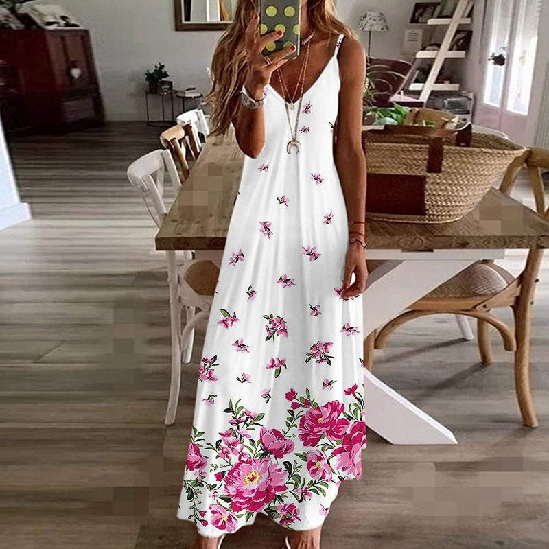 Damen Maxikleid Baumwolle Blumenprint V-Ausschnitt Luftig