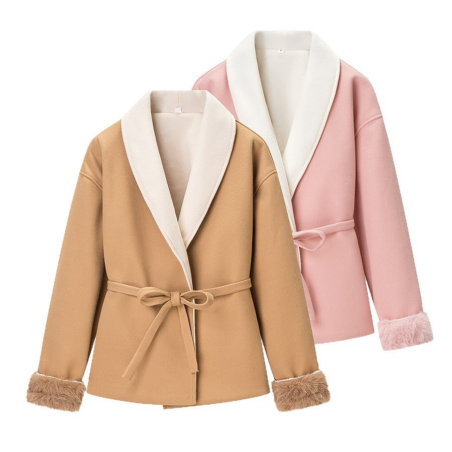 Damen Kuscheljacke Weiches Innenfutter Taillengürtel