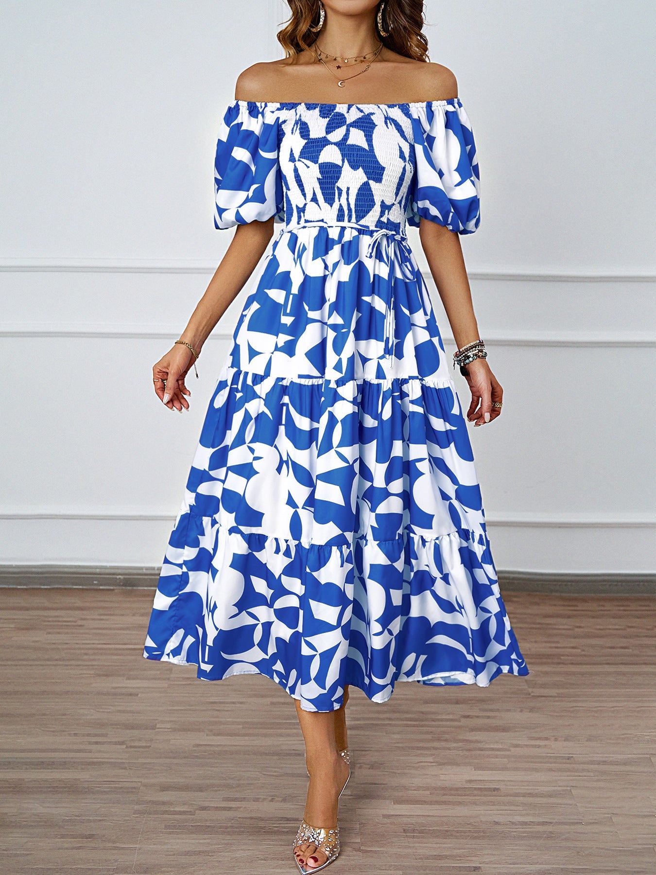 Damen Off-Shoulder Maxikleid Voluminöse Ärmel Print Norvielle