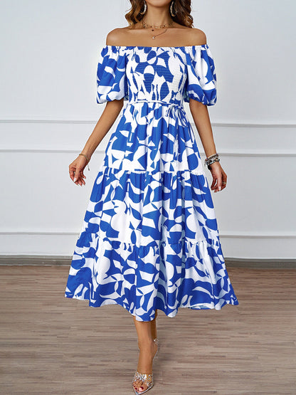 Damen Off-Shoulder Maxikleid Voluminöse Ärmel Print Norvielle