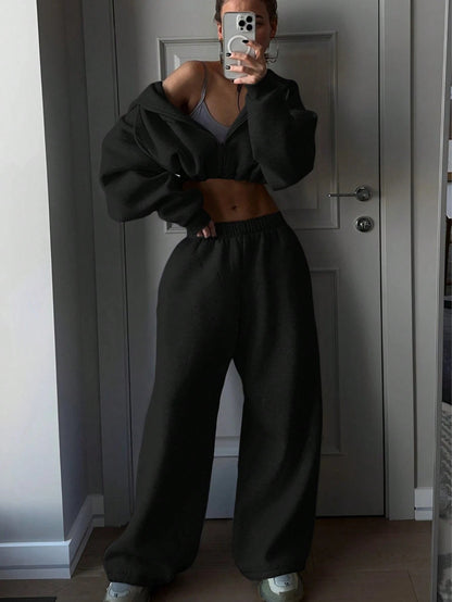 Damen Sportswear Set Cropped Sweatshirt High-Waist Jogginghose Grau