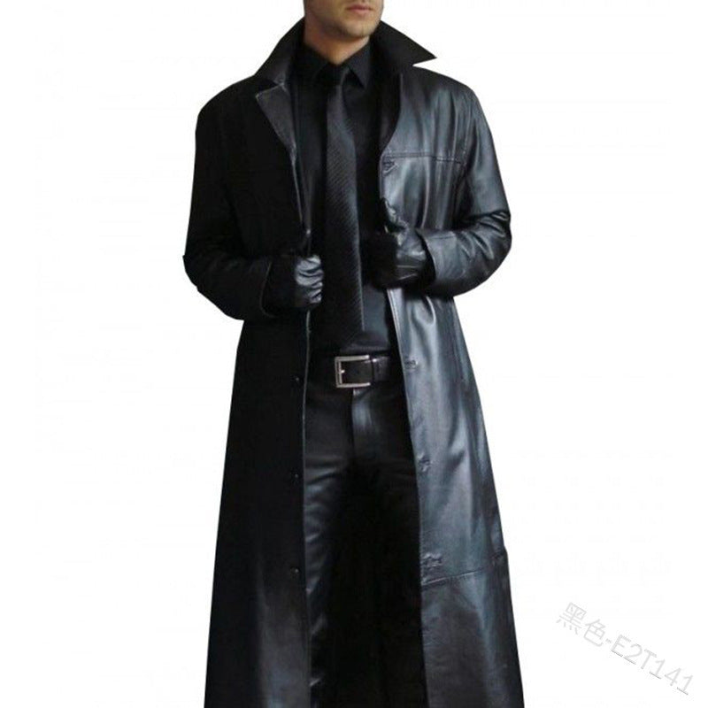 Herren Trenchcoat Langer Mantel Vegan Leder
