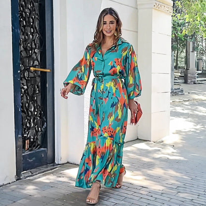 Norvielle Damen Maxikleid Farbenfroh Voluminöse Ärmel