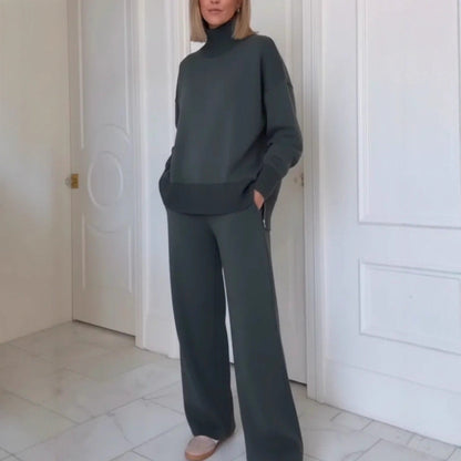 Damen Strick-Loungewear-Set Hochgeschlossener Pullover Weite Hose - Norvielle