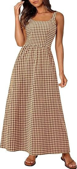 Damen Maxikleid Karomuster Elastisch Verstellbare Träger Norvielle