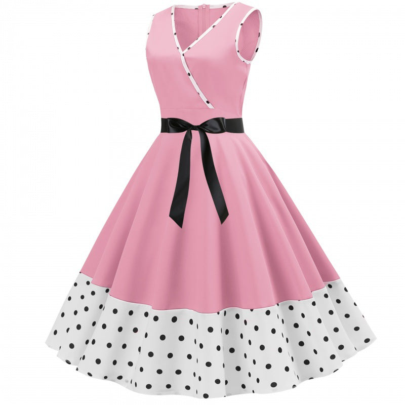 Damen Vintage-Swingkleid mit V-Ausschnitt und Taillengürtel