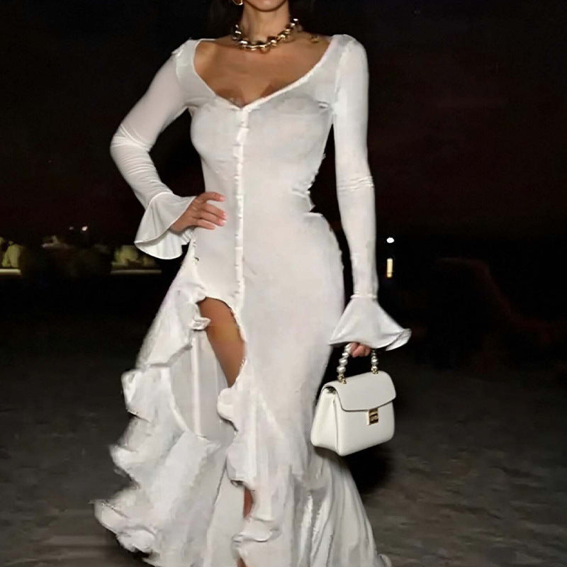 Damen Maxikleid Rüschendetails Knopfleiste Elegantes Norvielle