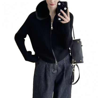 Damen Strickjacke Kunstfellkragen Rippstruktur Elegantes Design