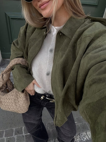 Damen Oversized Jacke Weiches Wildlederimitat
