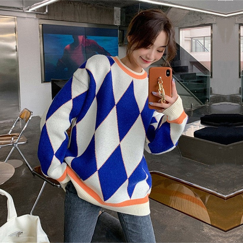 Damen Oversized Strickpullover Geometrisches Muster Farbkontrast
