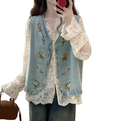 Damen Denimweste Florales Stickdesign
