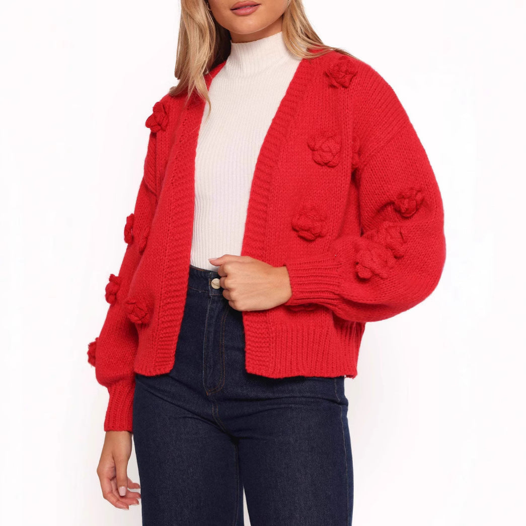 Damen Strickjacke Florales Design Voluminöse Ärmel Norvielle - Norvielle