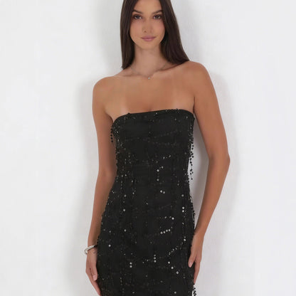 Damen Cocktailkleid Schulterfrei Pailletten Figurbetont