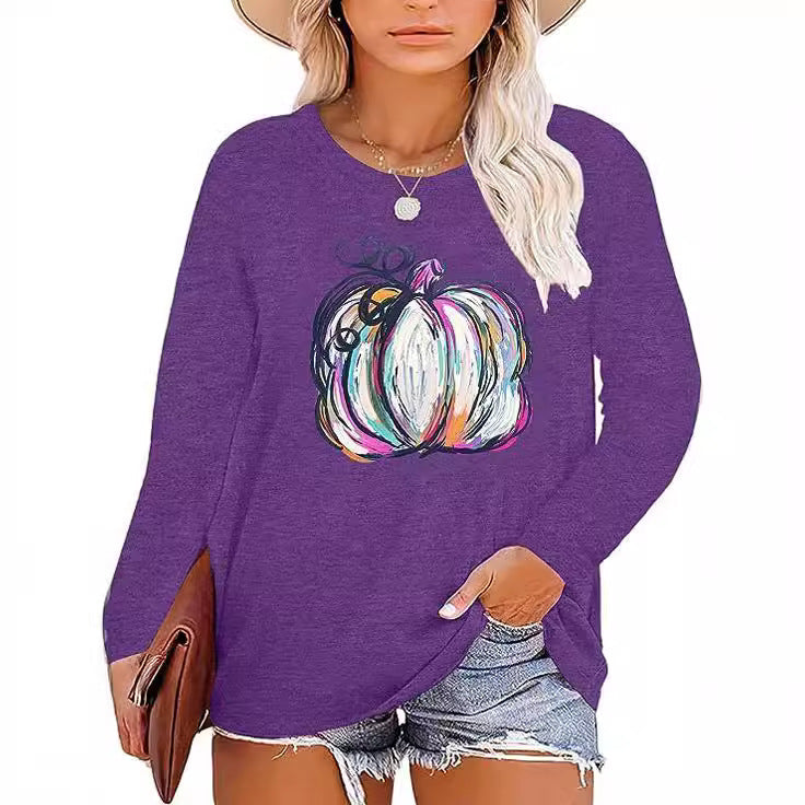 Damen Langarmshirt Kürbis-Motiv Baumwolle Herbstfarben