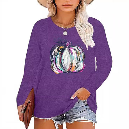 Damen Langarmshirt Kürbis-Motiv Baumwolle Herbstfarben