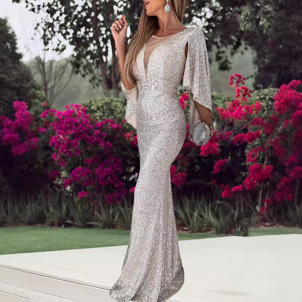 Damen Abendkleid Pailletten V-Ausschnitt Flügelärmel