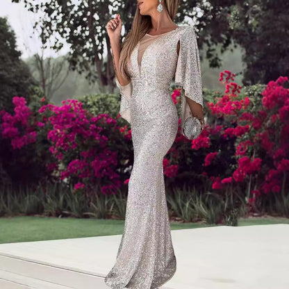 Damen Abendkleid Pailletten V-Ausschnitt Flügelärmel