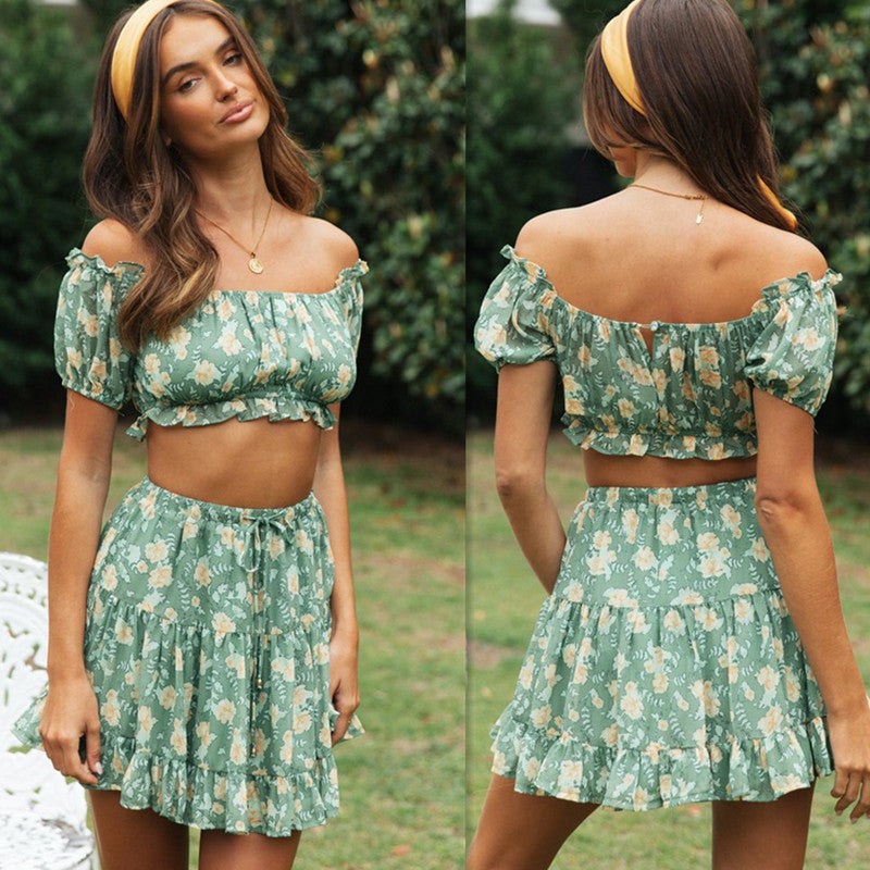 Damen Zweiteiliges Outfit Voluminöse Rüschen Florales Design - Norvielle