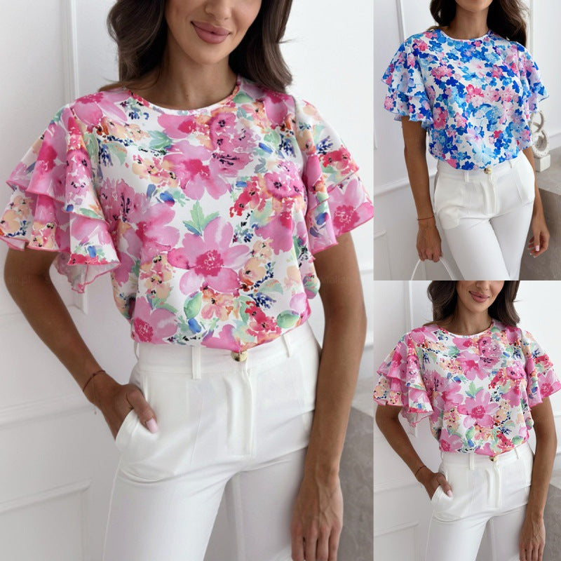 Damen Bluse Voluminöse Rüschensäume Floraler Druck - Norvielle