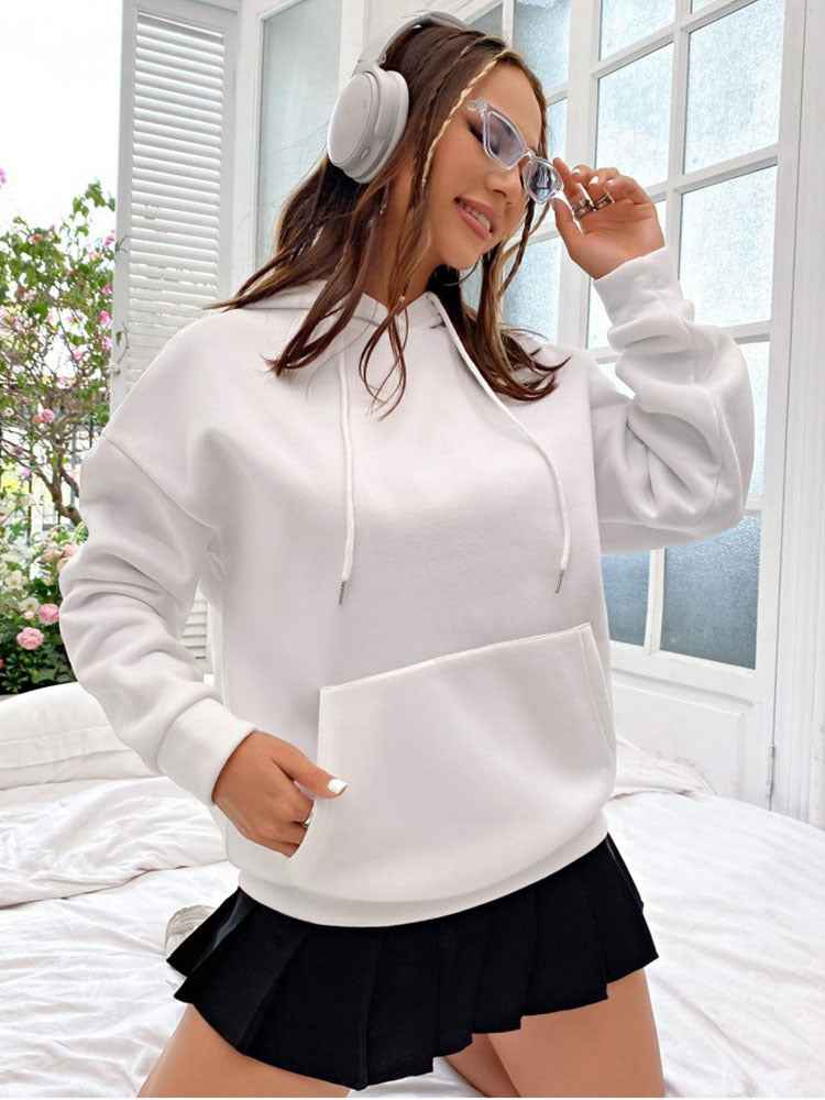 Damen Hoodie Kordelzug Kängurutasche Rückenprint Grau
