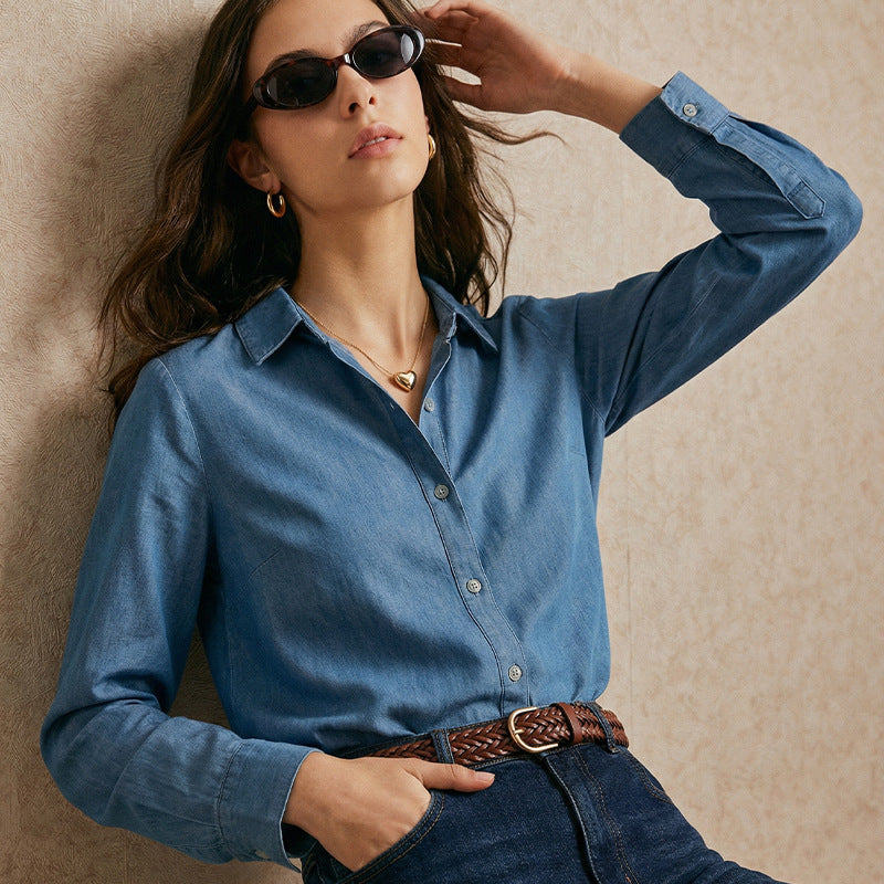 Damen Denim-Bluse Klassisch Knopfleiste