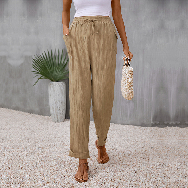 Damen Sommerhose Elastischer Bund Baumwolle Beige - Norvielle