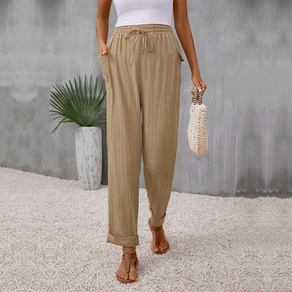 Damen Sommerhose Elastischer Bund Baumwolle Beige - Norvielle