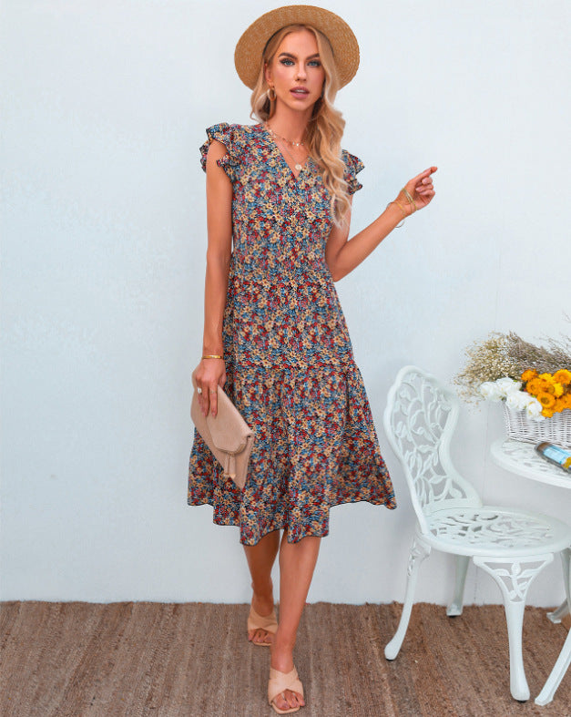 Damen A-Linien Kleid mit Rüschenärmeln und Blumenmuster