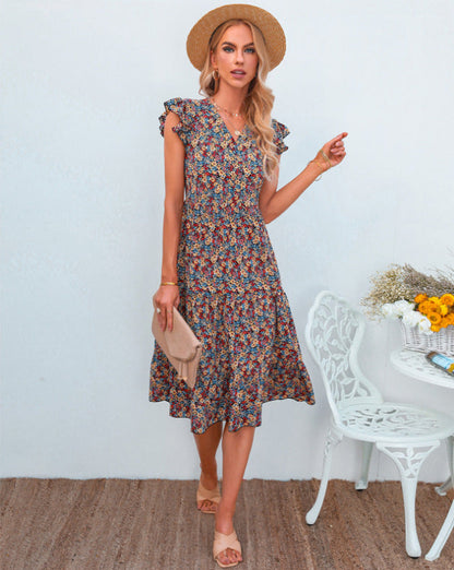 Damen A-Linien Kleid mit Rüschenärmeln und Blumenmuster