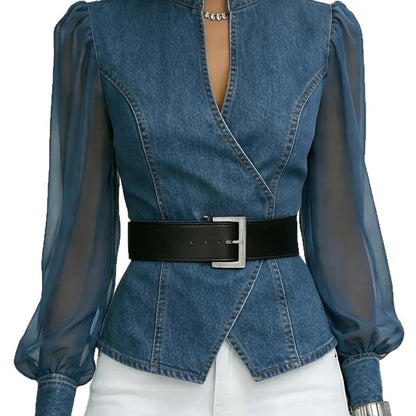 Damen JeansbluseTransparente Ärmel Tailliert