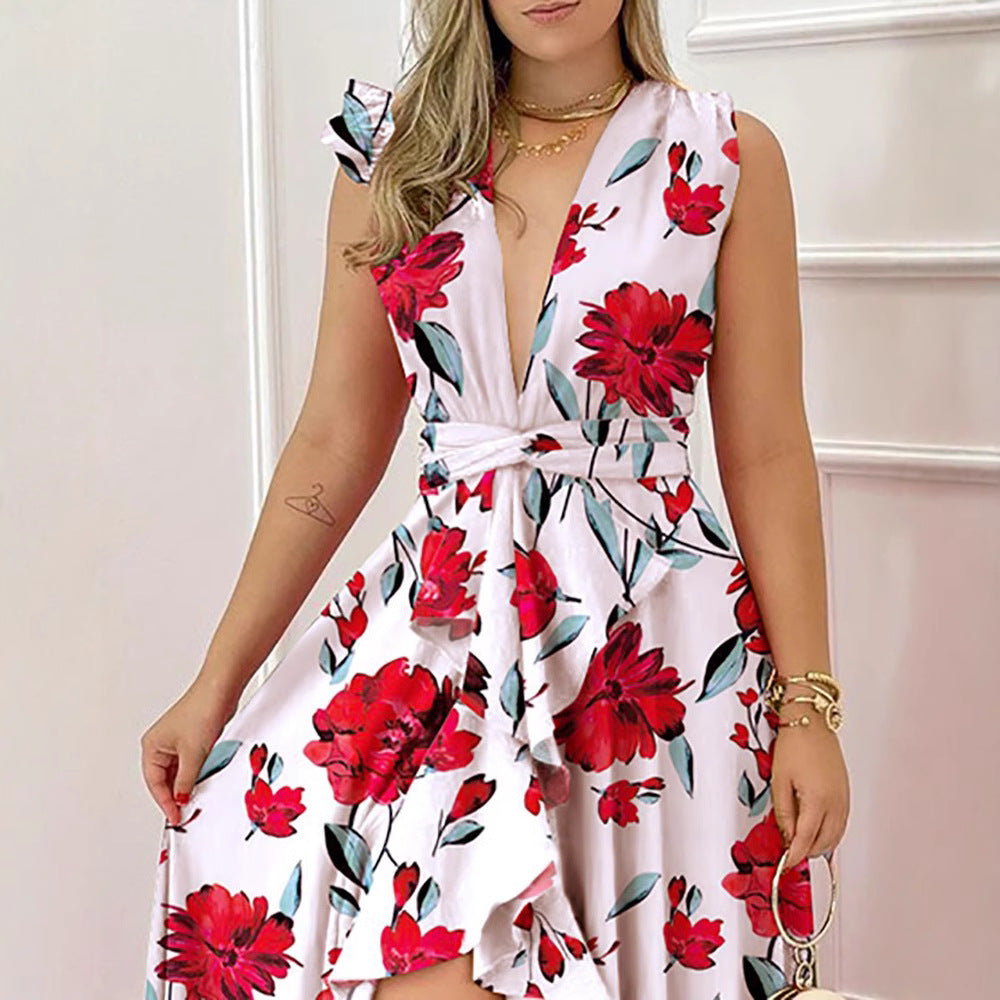 Damen Maxikleid Palmenmuster V-Ausschnitt Norvielle