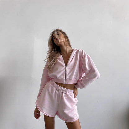 Damen Sport-Loungewear-Set Cropped Hoodie Lässige Shorts